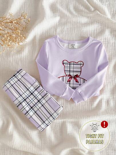 2pcs Baby Girls Casual Cute Bear Print Top And Classic Plaid Leggings Set, Snug Fit Homewear