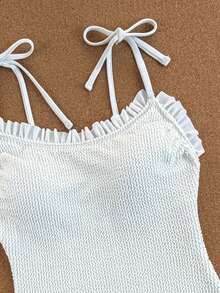 Swim Chiccia 黑色褶皱面料吊带荷叶边优雅女士连体泳衣 - 白色 - 查看 4