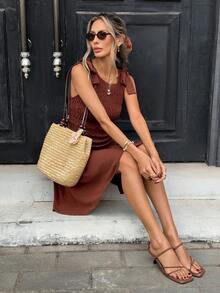 Pariaura Women's Casual Vacation Solid Color Ruffle Shoulder Tie Dress, Summer - Brown - View 6