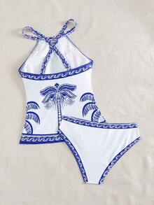 Swim Lushoire 2025 New Arrival Trending Camisole Bikini 2Pcs Set Women Coconut Tree Placement Print/Elegant Ladies Swimsuit/Holiday Beach Outfit/Pool Wear - Blue and White - View 8