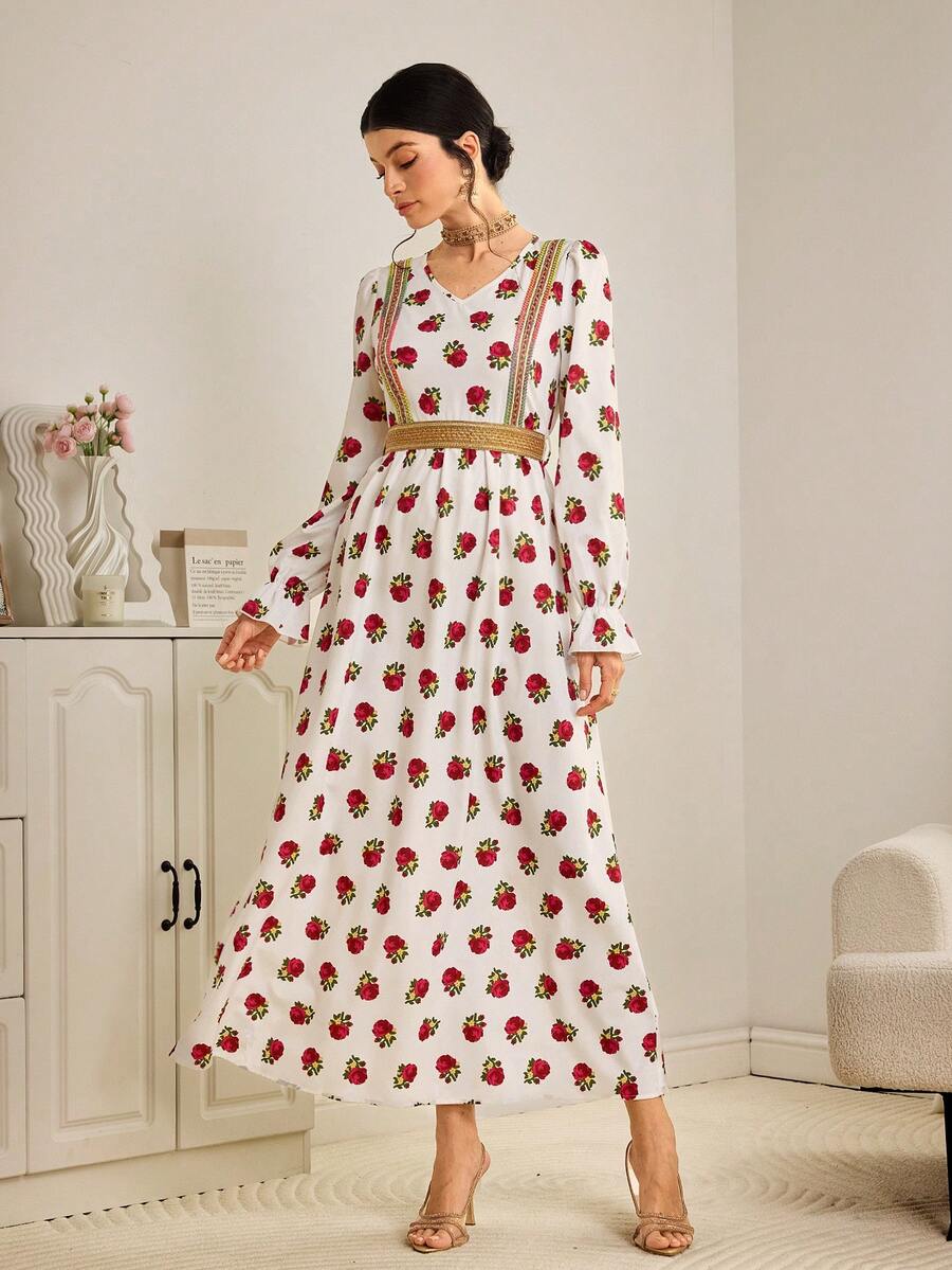 Al Najma 女士优雅印花V领阿拉伯风格连衣裙 - 白色 - 查看 1