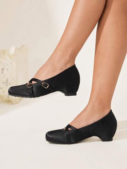CUCCOO CHICEST Women's Square Toe Satin Black Criss-Cross Strap Metal Buckle Fashionable Minimalist Versatile Daily Commute High Heel Pumps