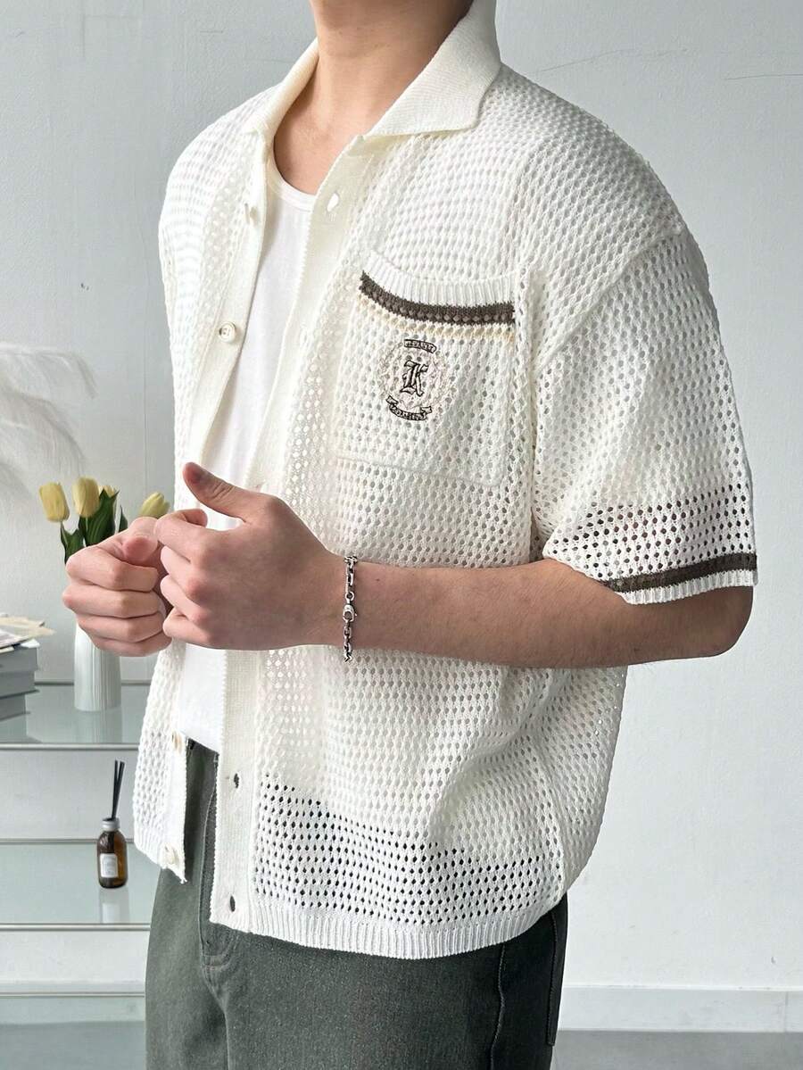 DAZY 男士针织毛衣，镂空设计，撞色领口，刺绣图案，夏季款 - 杏色 - 查看 1