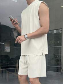 DAZY Conjunto de camiseta sin mangas de color albaricoque para hombre, verano - Albaricoque - Ver 3