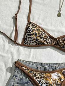 Swim Vcay Random Print Wireless Adjustable Strap Top And Swim Shorts Women Summer Beach Holiday Bikini Set - Multicolor - View 4