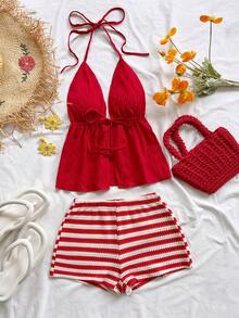 Soleia Bộ đồ thể thao mùa xuân/hè gồm áo tank top đỏ cổ chữ V buộc dây sau lưng, chất liệu vải dệt họa tiết, áo ôm dáng lệch vai và quần short skinny cạp siêu thấp, thích hợp cho các bữa tiệc, Giáng sinh, Ngày lễ tình nhân, hẹn hò, đi biển, du thuyền, lễ hội, lễ Phục sinh, chất liệu vải mềm mại. - Nhiều màu - Xem 4