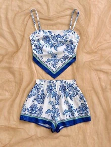 Soleia Bộ đồ nữ gồm áo hai dây và quần short in hoa, kiểu dáng bất đối xứng, thích hợp mặc thường ngày. - Nhiều màu - Xem 3
