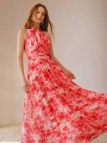 MOTF PREMIUM 女士优雅印花褶皱无袖连衣裙 - 紅色 - 查看 2