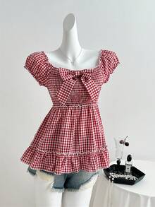 Sweetra Áo sơ mi nữ kiểu Mỹ Preppy kẻ caro hai mặt, phong cách thường ngày đa năng, dễ phối đồ, hàng mới về - Màu Đỏ Sâu - Xem 5