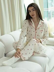 Andrea Bello Cherry Printed Sweet And Cute Pajamas Set For Autumn And Winter; Ladies' Sleepwear And Homewear With Long-Sleeved Button-Up Top And Pants, Fall Clothes - Apricot - View 1