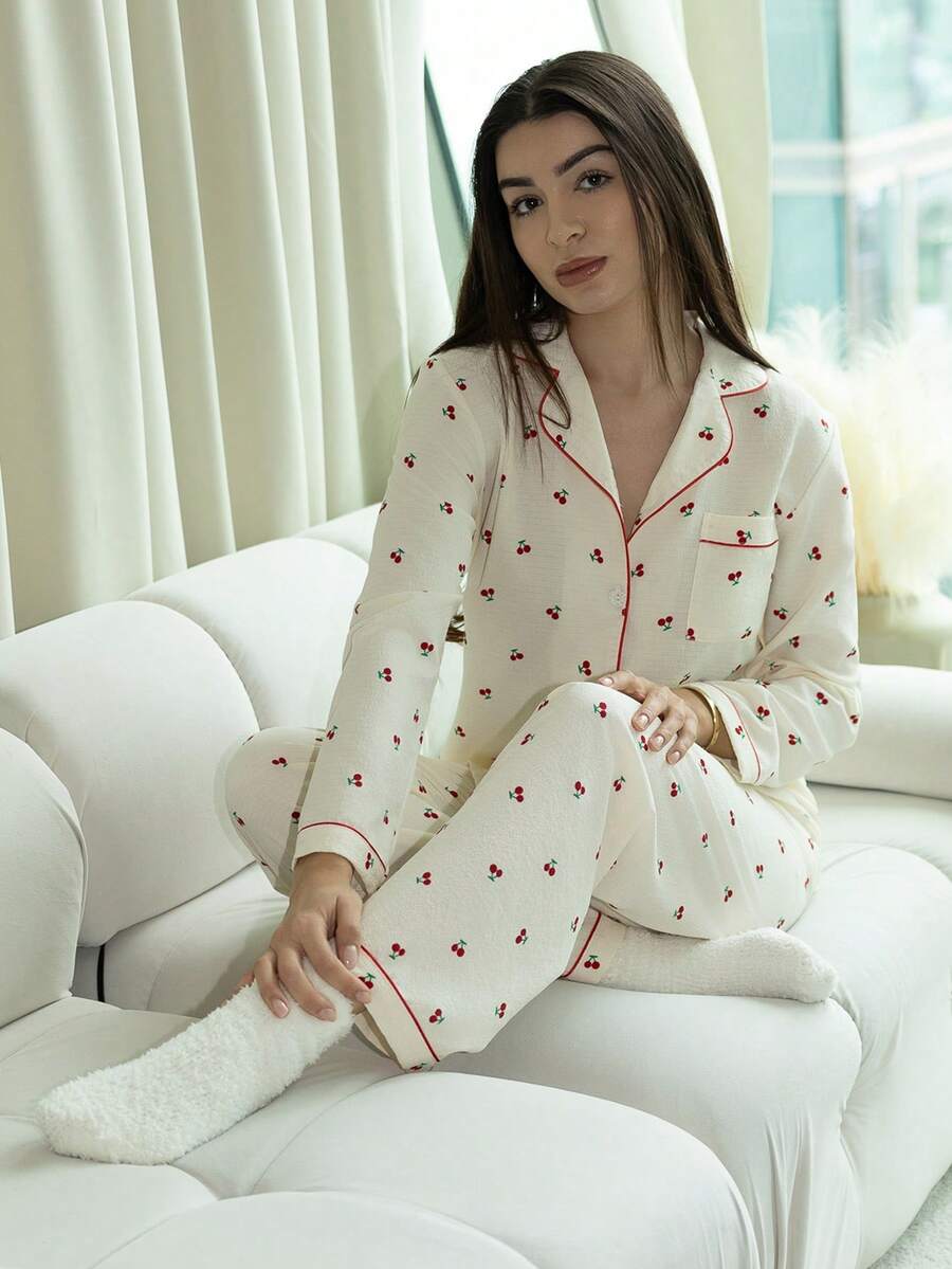 Andrea Bello Cherry Printed Sweet And Cute Pajamas Set For Autumn And Winter; Ladies' Sleepwear And Homewear With Long-Sleeved Button-Up Top And Pants, Fall Clothes - Apricot - View 1