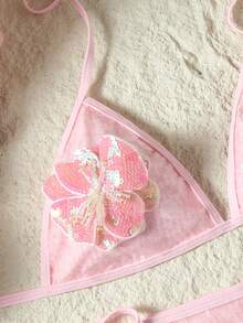 Swim SXY Set de 3 piezas Nuevo bikini con lentejuelas florales y falda con lentejuelas, para mujer - Rosa - Ver 4