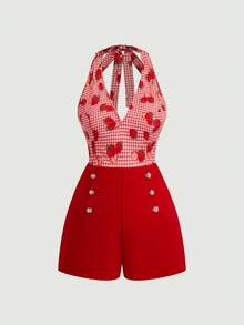 Sweetra Red V-Neck Tie-Up Fitted Watermelon Print 2 Pieces Set - Red - View 1