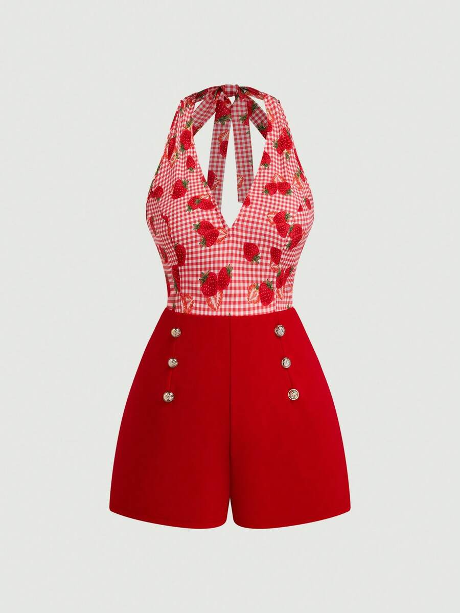 Sweetra Red V-Neck Tie-Up Fitted Watermelon Print 2 Pieces Set - Red - View 1