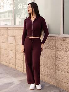 Andrea Bello Women's Burgundy Zip-Up Cardigan And Knit Pants Casual Sweater 2 Pieces Set, Sweater Set, Autumn/Winter, Winter,Fall,Fall Clothes For Women - Burgundy - View 6