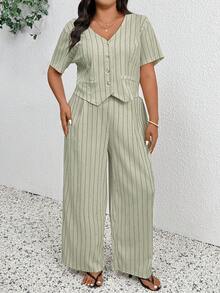 SHEIN Frenchy Plus Size Spring/Summer Casual Minimalist Versatile Striped 2 Pieces Suit Set, Women Blazer + Pants In Fall/Winter - Green - View 5