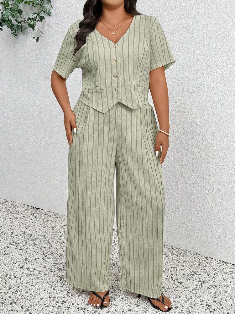 SHEIN Frenchy Plus Size Spring/Summer Casual Minimalist Versatile Striped 2 Pieces Suit Set, Women Blazer + Pants In Fall/Winter - Green - View 5