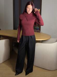 Abrilcols 女士酒红色高领长袖修身毛衣，秋冬季 - 酒紅色 - 查看 5