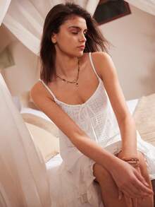 Bohemian Hollow Out Jacquard Knit Romantic Vacation Spaghetti Strap A-Line Ruffle Hem Loose Women Nightgown - White - View 6