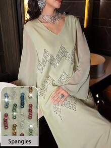 Al Najma Vestido largo holgado con cuello en V, bordado y cuentas, estilo tradicional abaya, verde claro - Verde - Ver 2