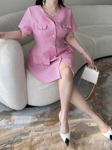 Vibekara Plus Size Round Neck Short Sleeve Elegant Front Button Summer Dress - Pink - View 5