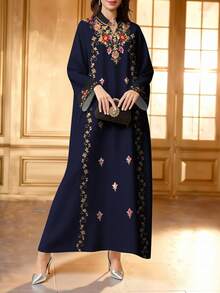 SHEIN Najma Elegant Dress With Geometric, Spiral And Striped Prints, Women's Fashion V-Neck Slit Collar Long Sleeve Dress, Graceful Arabic Style Outfit For Spring And Summer - Multicolor - View 4