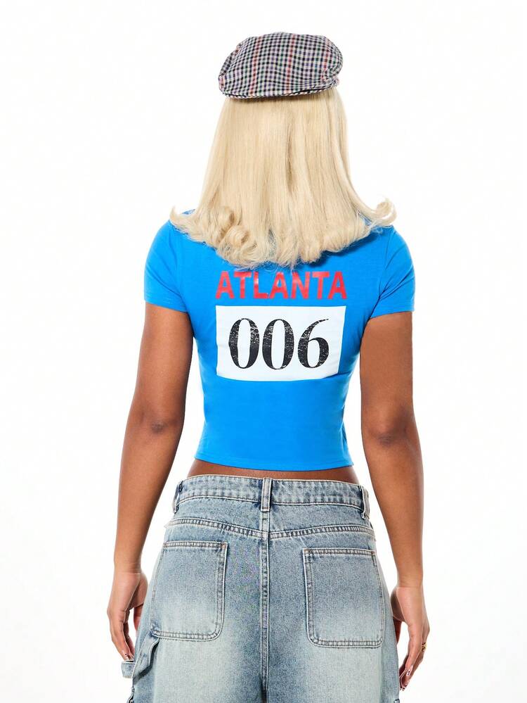 SUMWON WOMEN Cropped Polo With Contrast Collar And Graphic Print