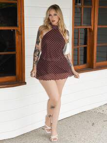 Arliah Women's Sexy Polka Dot Print Backless Mini Halter Dress, Summer,Business Casual Woman,Rave Outfits Festival,Summer Dresses For Women,Polka Dot Dress - Coffee Brown - View 6