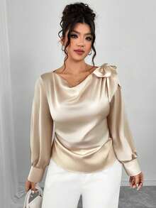 SHEIN PETITE CURVE Blusa elegante in tessuto di raso con fiocco decorativo, collo rotondo, maniche lunghe, vita arricciata, adatta per uscite, pendolarismo, appuntamenti, feste, autunno/inverno, disponibile in taglie petite e taglie forti - Albicocca - Visualizzare 5