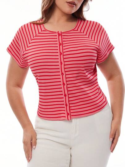 Solavibe Chemise décontractée à l'avant ouvert pour femmes grandes tailles, en tricot texturé à rayures rouges, pour le printemps/été