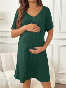 SHEIN Maternity Solid Color Front Button Short Sleeve Delivery Dress - Dark Green - View 3