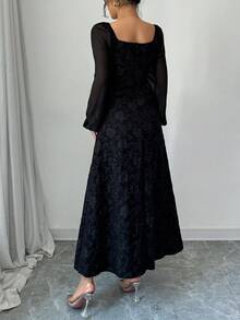 Modelyn Women's Elegant Black Random Print Long Dress With Square Neck Bishop Long Sleeves And Flared Hem For Special Occasions Elegant Dresses For Women - Black - View 2