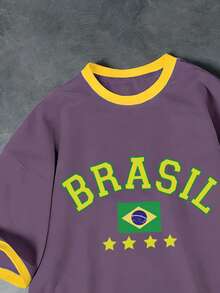 Genlund Men's Manfinity Hypemode Purple And Yellow Brazil Football Letter Print Patchwork Short Sleeve T-Shirt,Summer Streetwear Vacation Sports - Purple - View 4