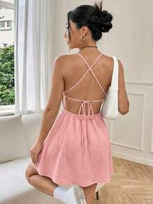 SHEIN EZwear Women's Summer Spaghetti Strap Backless A-Line Dress, Sundress, Summer Apparel, Cute Light Pink Dress - Baby Pink - View 2