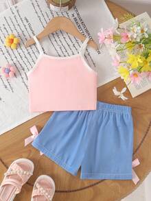 SHEIN 2pcs/Set Girls Toddler Outfit With Denim Shorts, Cute Casual Summer Set - Pink - View 2