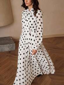 Aveloria Rosie 法式浪漫荷叶边波点腰部连衣裙，长袖，随机印花 - 白色 - 查看 3