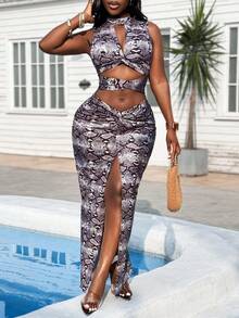 Glyssa 女士立领无袖扭结高开衩修身鸡尾酒礼服，优雅性感夜店派对通勤连衣裙，奢华蛇纹银色吊带裙，时尚新年装扮 - 灰色 - 查看 3