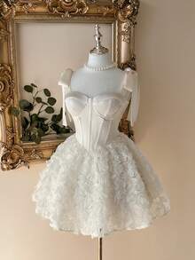 Lovelzi 优雅、浪漫、时尚的咖啡色缎面无肩带鱼尾连衣裙，饰有3D立体花卉装饰和荷叶边裙摆，适合单身派对、婚礼、毕业典礼、度假、下午茶和正式场合。 - 杏色 - 查看 6