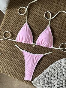 Swim Mod Women's Swimsuit Set, Halter Tie Waist Ruched Thong Bikini, Fashionable Casual Cute Two Pieces, Suitable For Spring, Summer, Autumn, Winter - Pink - View 5