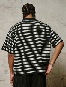 PAVTROS 男士休闲条纹短袖 Polo 衫，男士提花条纹 Polo 衫，情人节，春夏，送男友的礼物，狂欢节，复古，街头风，派对，圣帕特里克节，外出 - 黑與白 - 查看 2