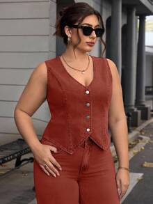 Chaqueta de mezclilla informal con cuello en V y una sola hilera de botones para mujer de talla grande - Naranja - Ver 4