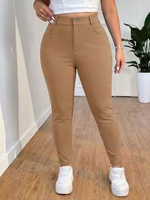 SHEIN PETITE CURVE Plus Size Solid Color High Waist Pants, Suitable For Everyday Wear - Khaki - View 5