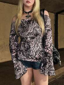 ROMWE J-Fashion Grunge朋克复古豹纹荷叶边喇叭袖前卫性感露肩短款上衣，大码女式豹纹衬衫 - 彩色 - 查看 7