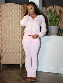 Steph T Quần ống loe cạp rộng màu trơn thường ngày cho nữ, quần bó cạp cao xếp ly ôm vừa vặn - Hồng - Xem 6