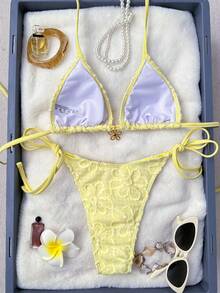 Swim Mod Set de 2 piezas Bikini de estilo influencer para vacaciones con parte superior tipo halter con decoración de flor metálica y triángulo de tela de unicolor de girasol para mujeres - Amarillo - Ver 2