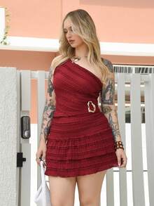 Arliah 优雅不对称领口上衣和荷叶边半身裙套装，夏季 - 酒紅色 - 查看 3