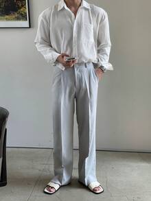 DAZY 男士休闲日常通勤纯色拼接口袋白色长袖衬衫，春夏秋季款 - 白色 - 查看 6