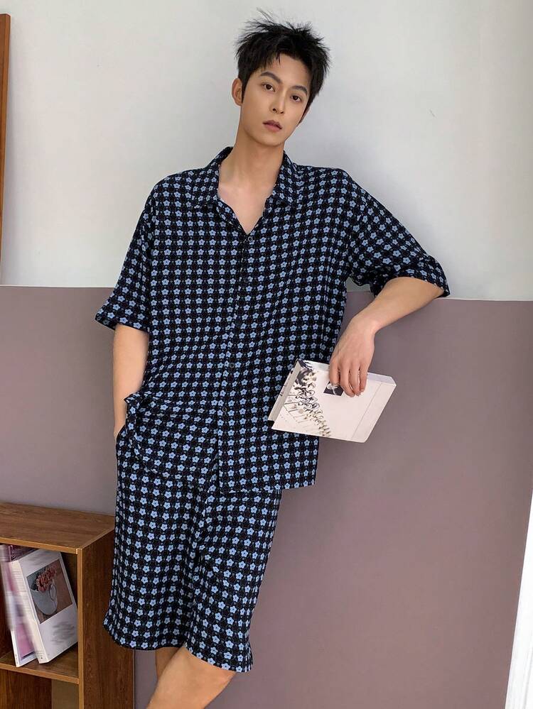 Men's Summer Short Sleeve Shirt And Shorts Pajama Set
