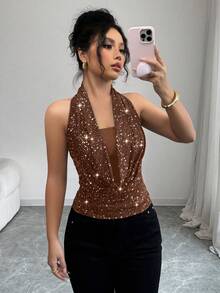 Selianne Women's Elegant Shiny Halter Backless Camisole Top, Summer - Coffee Brown - View 1