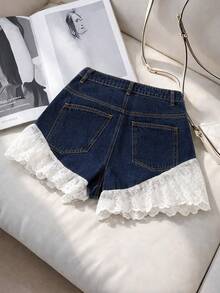 GlowEve Women's Summer Casual Vacation Fashion Commute Contrast Lace Trim Hem Denim Shorts - Dark Wash - View 2
